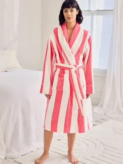Chelsea Peers Pink Cotton Towelling Stripe Dressing Gown New