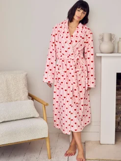 Chelsea Peers Pink Fleece Wavy Stripe Heart Print Long Dressing Gown Sale