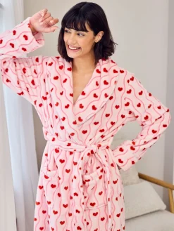 Chelsea Peers Pink Fleece Wavy Stripe Heart Print Long Dressing Gown Sale