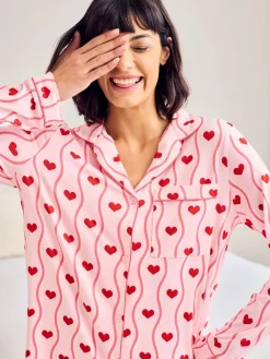 Chelsea Peers Pink Wavy Stripe Heart Print Long Pyjamas Set Outlet