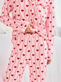 Chelsea Peers Pink Wavy Stripe Heart Print Long Pyjamas Set Outlet