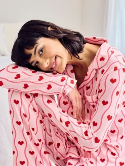 Chelsea Peers Pink Wavy Stripe Heart Print Long Pyjamas Set Outlet