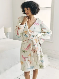 Chelsea Peers White Fleece Dinosaur Print Dressing Gown Outlet