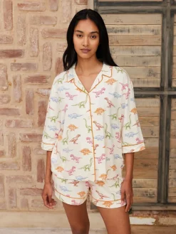 Chelsea Peers White Short Pyjamas Dinosaur Print Long Pyjama Set