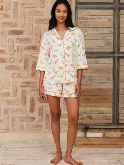 Chelsea Peers White Short Pyjamas Dinosaur Print Long Pyjama Set