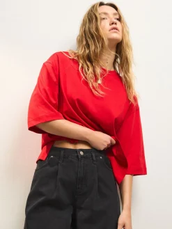 Next Cherry Red Relaxed Boxy Elbow Length Crew Neck T-Shirt Clearance