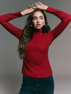 Next Cherry Red Ribbed High Neck Long Sleeve T-Shirt Sale