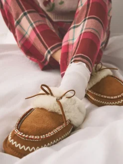 Next Chestnut Brown Stitch Suede Faux Fur Lined Mule Slippers Clearance