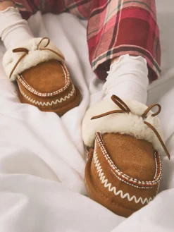 Next Chestnut Brown Stitch Suede Faux Fur Lined Mule Slippers Clearance