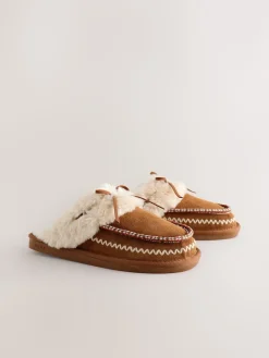 Next Chestnut Brown Stitch Suede Faux Fur Lined Mule Slippers Clearance