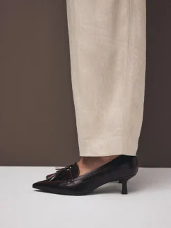 Next Premium Leather With Motionflex Point Toe Tassel Heels Loafers Choc Brown Outlet