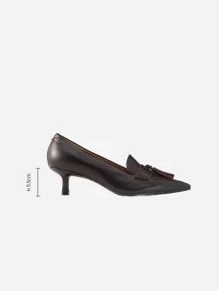 Next Premium Leather With Motionflex Point Toe Tassel Heels Loafers Choc Brown Outlet