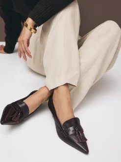 Next Premium Leather With Motionflex Point Toe Tassel Heels Loafers Choc Brown Outlet