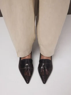 Next Premium Leather With Motionflex Point Toe Tassel Heels Loafers Choc Brown Outlet