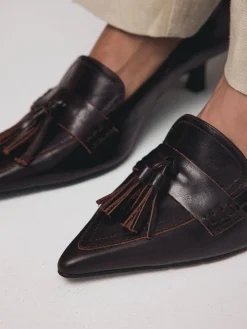 Next Premium Leather With Motionflex Point Toe Tassel Heels Loafers Choc Brown Outlet