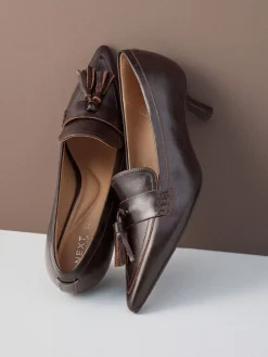 Next Premium Leather With Motionflex Point Toe Tassel Heels Loafers Choc Brown Outlet