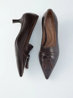 Next Premium Leather With Motionflex Point Toe Tassel Heels Loafers Choc Brown Outlet
