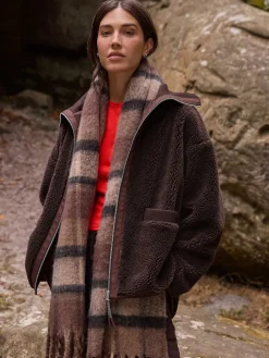 Next Borg Zip Through Fleece With Rib Collar Chocolate Brown