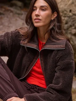 Next Borg Zip Through Fleece With Rib Collar Chocolate Brown