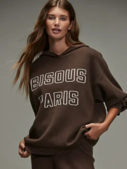 Next Compact Cosy Graphic Long Sleeve Hoodie Chocolate Brown Outlet