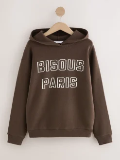 Next Compact Cosy Graphic Long Sleeve Hoodie Chocolate Brown Outlet