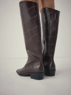 Next Forever Comfort® Chisel Toe Knee High Boots Chocolate Brown Croc Embossed New
