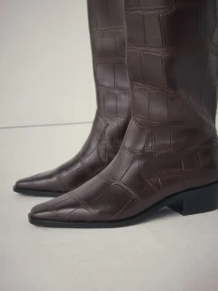 Next Forever Comfort® Chisel Toe Knee High Boots Chocolate Brown Croc Embossed New