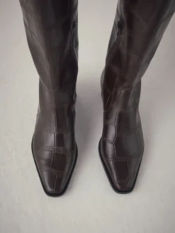 Next Forever Comfort® Chisel Toe Knee High Boots Chocolate Brown Croc Embossed New