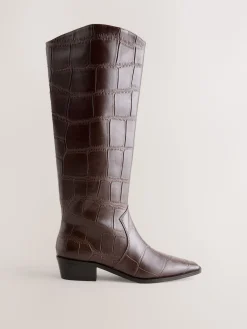 Next Forever Comfort® Chisel Toe Knee High Boots Chocolate Brown Croc Embossed New