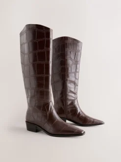 Next Forever Comfort® Chisel Toe Knee High Boots Chocolate Brown Croc Embossed New
