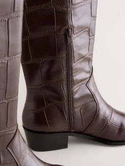 Next Forever Comfort® Chisel Toe Knee High Boots Chocolate Brown Croc Embossed New