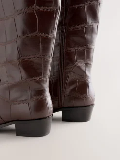 Next Forever Comfort® Chisel Toe Knee High Boots Chocolate Brown Croc Embossed New