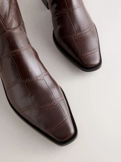 Next Forever Comfort® Chisel Toe Knee High Boots Chocolate Brown Croc Embossed New