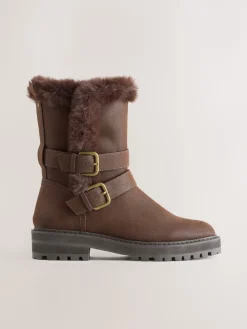 Next Extra Wide Fit Forever Comfort® Double Buckle Faux Fur Lined Ankle Boots Chocolate Brown Discount