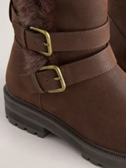 Next Extra Wide Fit Forever Comfort® Double Buckle Faux Fur Lined Ankle Boots Chocolate Brown Discount