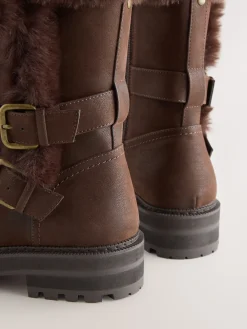 Next Extra Wide Fit Forever Comfort® Double Buckle Faux Fur Lined Ankle Boots Chocolate Brown Discount