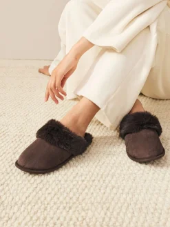 Next Faux Fur Suede Mule Slippers Chocolate Brown Discount