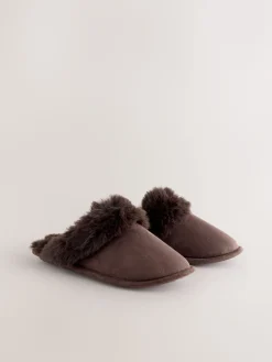 Next Faux Fur Suede Mule Slippers Chocolate Brown Discount