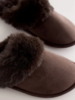 Next Faux Fur Suede Mule Slippers Chocolate Brown Discount
