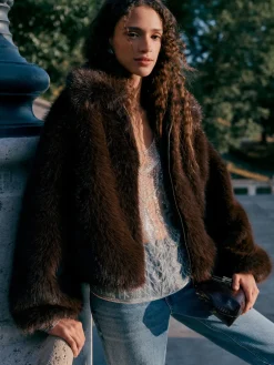 Next Faux Fur Zip Through Jacket Chocolate Brown Sale