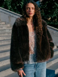 Next Faux Fur Zip Through Jacket Chocolate Brown Sale