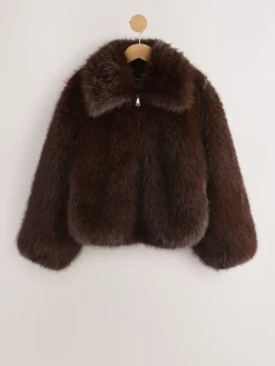 Next Faux Fur Zip Through Jacket Chocolate Brown Sale
