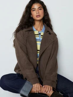 Next Chocolate Brown Faux Suede Cropped Trench Coat New