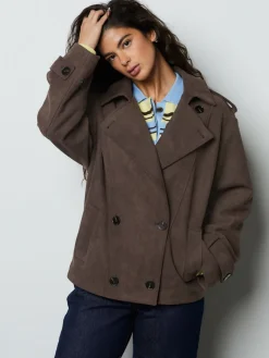 Next Chocolate Brown Faux Suede Cropped Trench Coat New