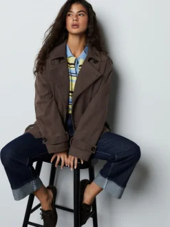 Next Chocolate Brown Faux Suede Cropped Trench Coat New