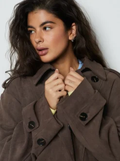 Next Chocolate Brown Faux Suede Cropped Trench Coat New