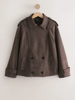 Next Chocolate Brown Faux Suede Cropped Trench Coat New