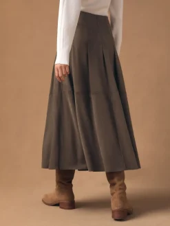 Next Chocolate Brown Faux Suede Midi Kilt Skirt New
