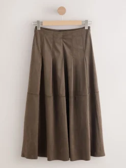 Next Chocolate Brown Faux Suede Midi Kilt Skirt New