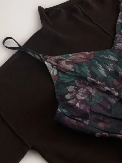 Next 2-In-1 Knitted Jumper with Pleated Midi Skirt Chocolate Brown Floral Hot